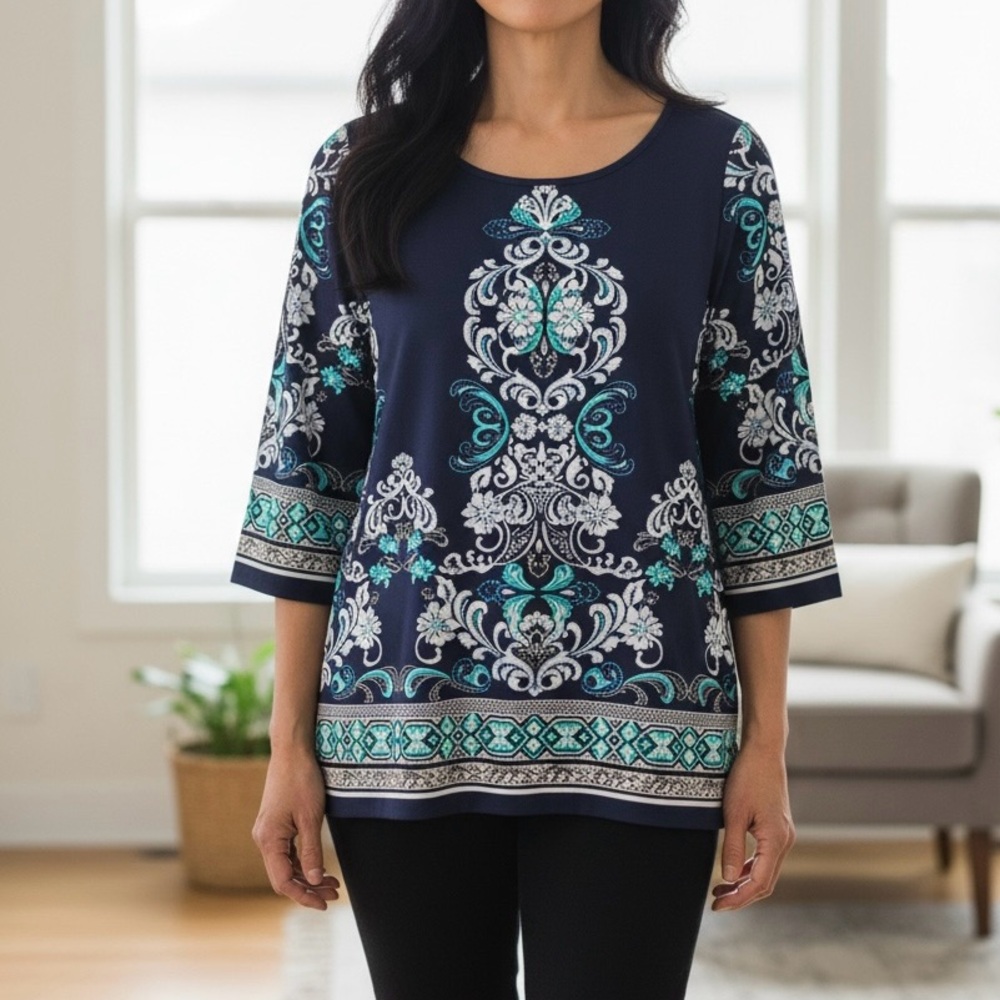 JM Collection Navy Blue Embellished Medallion Tunic Top - 3/4 Sleeve - Size S